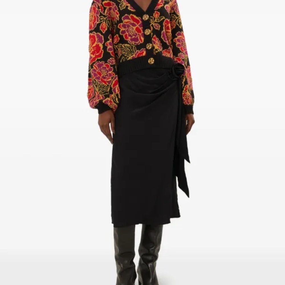 FARM Rio Satin rose-embellished wrap midi skirt